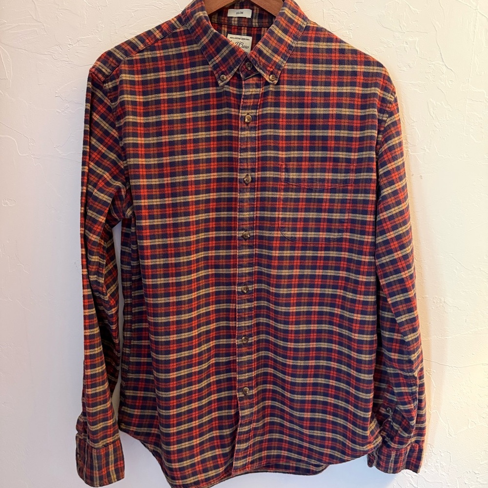J. Crew Christmas Flannel Red Yellow Navy Plaid Button-Down Shirt